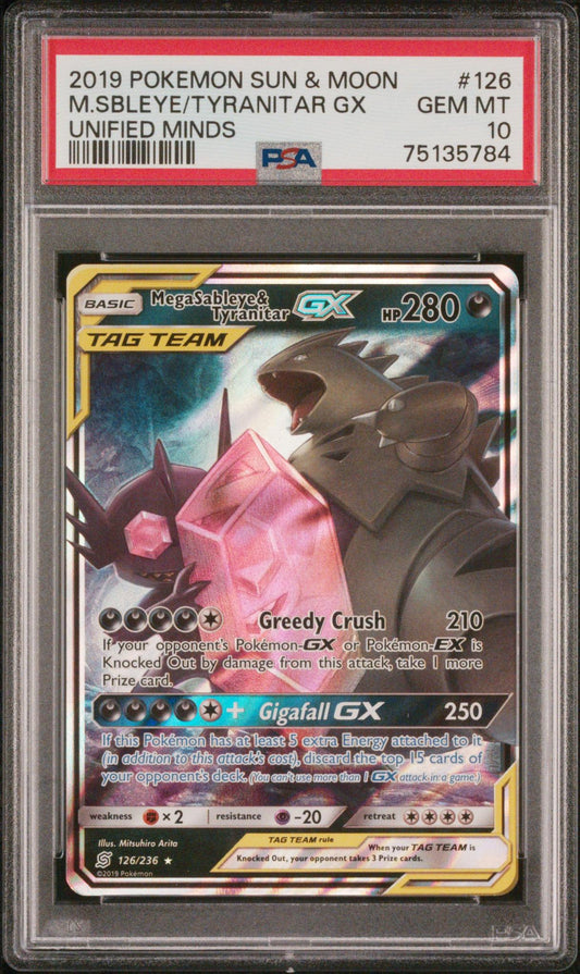 2019 Pokemon Unified Minds Tag Team GX Mega Sableye & Tyranitar #126 PSA 10