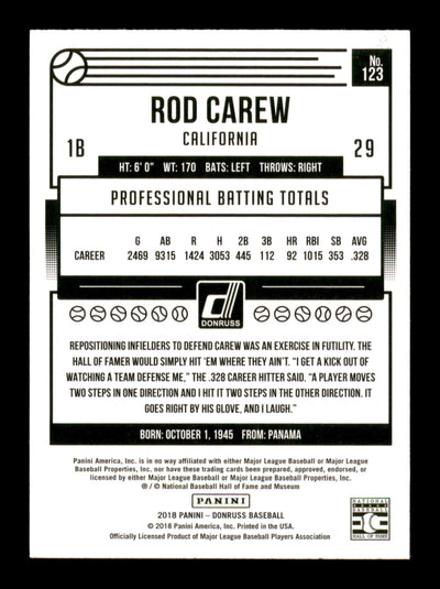 Rod Carew Autographed 2018 Donruss Card #123 Minnesota Twins SKU #196132