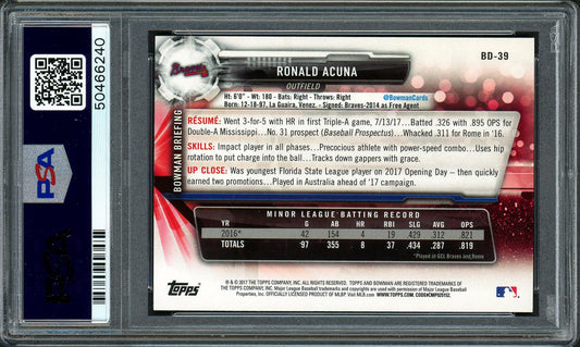 Ronald Acuna Jr. Autographed 2017 Bowman Draft Rookie Card #BD39 Atlanta Braves PSA 9 Auto Grade Gem Mint 10 PSA/DNA #50466240
