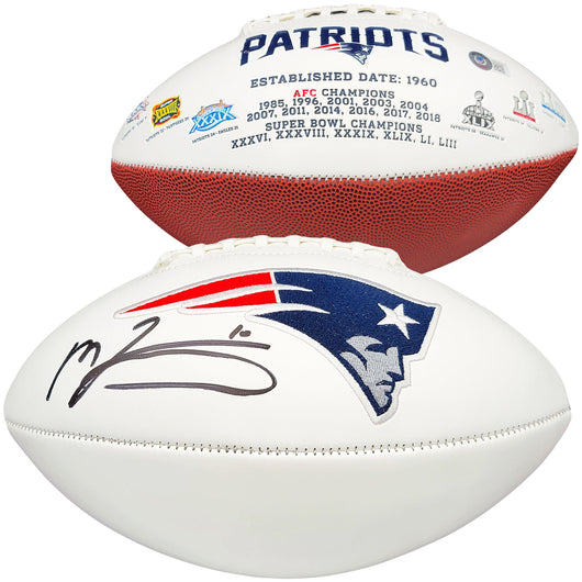 Mac Jones Autographed New England Patriots White Logo Football Beckett BAS Witness Stock #206521