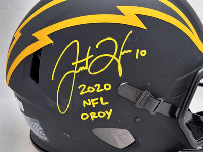 Justin Herbert Autographed Los Angeles Chargers Eclipse Black Full Size Authentic Speed Helmet "2020 NFL OROY" (Scuffed) Beckett BAS Witness Stock #206932