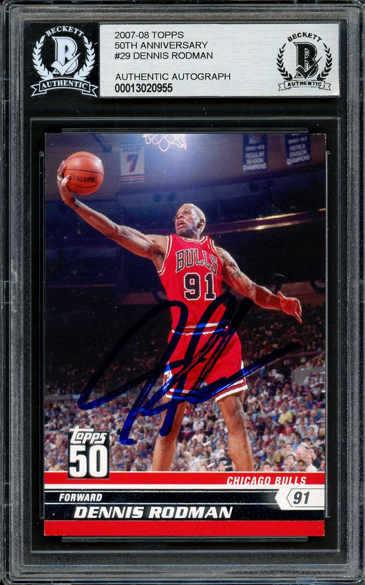 Dennis Rodman Autographed 2007-08 Topps 50th Anniversary Card #29 Chicago Bulls Beckett BAS Stock #195976