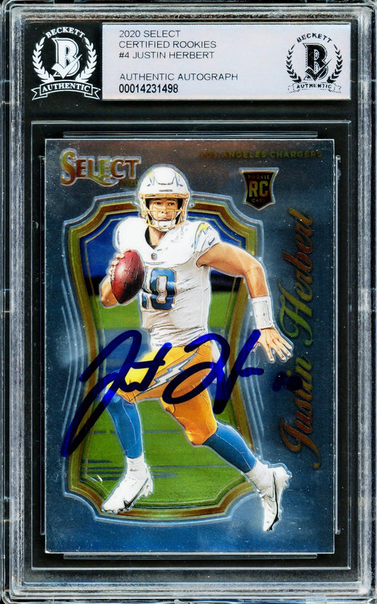 Justin Herbert Autographed 2020 Panini Select Rookie Card #SCR-4 Los Angeles Chargers Beckett BAS #14231498