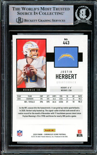 Justin Herbert Autographed 2020 Score Rookie Card #443 Los Angeles Chargers Beckett BAS Stock #206592