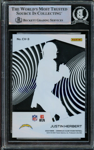 Justin Herbert Autographed 2020 Panini Chronicles Clear Dynagon Rookie Card #CV-3 Los Angeles Chargers Beckett BAS #14231523