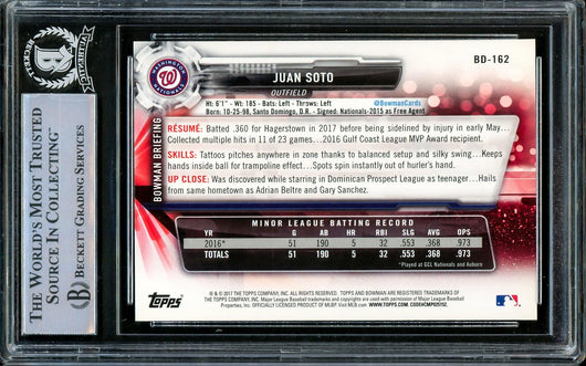 Juan Soto Autographed 2017 Bowman Draft Rookie Card #BD162 Washington Nationals Beckett BAS Stock #206607