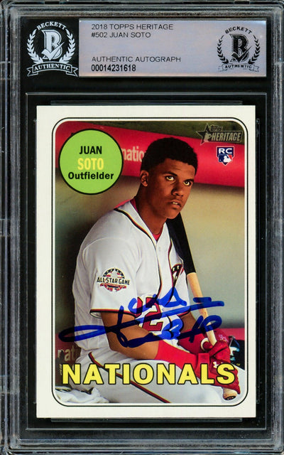 Juan Soto Autographed 2018 Topps Heritage Rookie Card #502 Washington Nationals (Off-Center) Beckett BAS #14231618