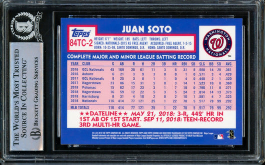 Juan Soto Autographed 2019 Topps Chrome Refractor 1984 Rookie Card #84TC-2 Washington Nationals Beckett BAS #14231627