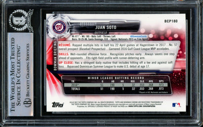 Juan Soto Autographed 2017 Bowman Chrome Prospects Rookie Card #BCP180 Washington Nationals Beckett BAS #14231631