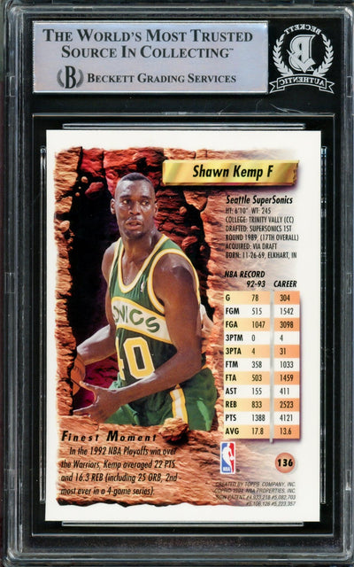 Shawn Kemp Autographed 1993 Topps Finest Card #136 Seattle Supersonics Beckett BAS #14232583