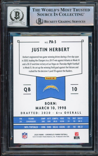 Justin Herbert Autographed 2020 Chronicles Panini Pink Parallel Rookie Card #PA-3 Los Angeles Chargers Auto Grade Gem Mint 10 Beckett BAS #14243048