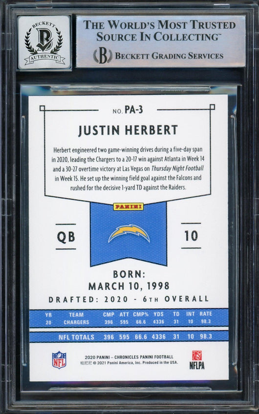 Justin Herbert Autographed 2020 Chronicles Panini Green Parallel Rookie Card #PA-3 Los Angeles Chargers Auto Grade Gem Mint 10 Beckett BAS #14243046