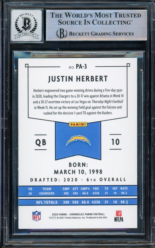 Justin Herbert Autographed 2020 Chronicles Panini Green Parallel Rookie Card #PA-3 Los Angeles Chargers Auto Grade Gem Mint 10 Beckett BAS #14243043