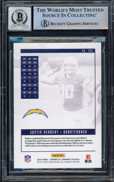 Justin Herbert Autographed 2020 Panini Luminance Pink Parallel Rookie Card #203 Los Angeles Chargers Auto Grade Gem Mint 10 Beckett BAS #14243141