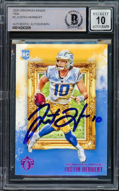 Justin Herbert Autographed 2020 Panini Chronicles Gridiron Kings Pink Rookie Card #GK-3 Los Angeles Chargers Auto Grade Gem Mint 10 Beckett BAS #14243209