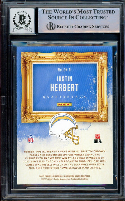 Justin Herbert Autographed 2020 Panini Chronicles Gridiron Kings Pink Rookie Card #GK-3 Los Angeles Chargers Auto Grade Gem Mint 10 Beckett BAS #14243209