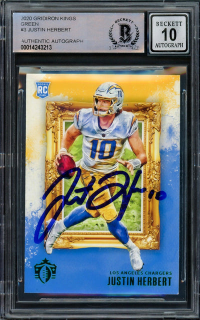 Justin Herbert Autographed 2020 Panini Chronicles Gridiron Kings Green Rookie Card #GK-3 Los Angeles Chargers Auto Grade Gem Mint 10 Beckett BAS #14243213