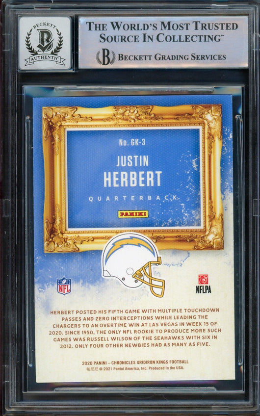Justin Herbert Autographed 2020 Panini Chronicles Gridiron Kings Green Rookie Card #GK-3 Los Angeles Chargers Auto Grade Gem Mint 10 Beckett BAS #14243213