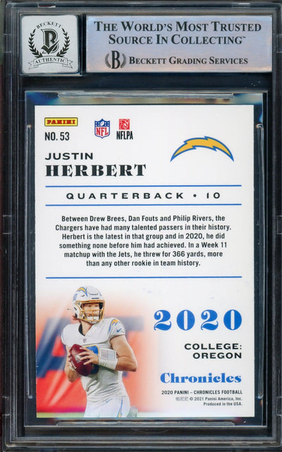 Justin Herbert Autographed 2020 Panini Chronicles Bronze Parallel Rookie Card #53 Los Angeles Chargers Auto Grade Gem Mint 10 Beckett BAS #14243307