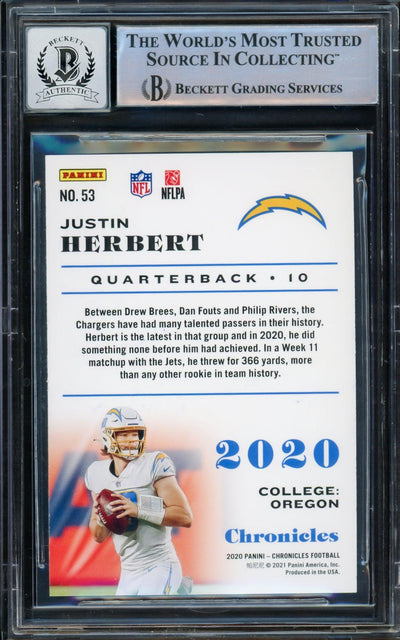 Justin Herbert Autographed 2020 Panini Chronicles Teal Parallel Rookie Card #53 Los Angeles Chargers Auto Grade Gem Mint 10 Beckett BAS #14243309