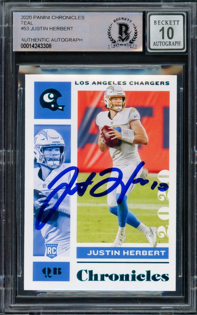 Justin Herbert Autographed 2020 Panini Chronicles Teal Parallel Rookie Card #53 Los Angeles Chargers Auto Grade Gem Mint 10 Beckett BAS #14243308