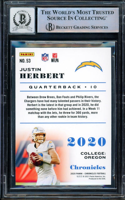 Justin Herbert Autographed 2020 Panini Chronicles Rookie Card #53 Los Angeles Chargers Auto Grade Gem Mint 10 Beckett BAS Stock #206708