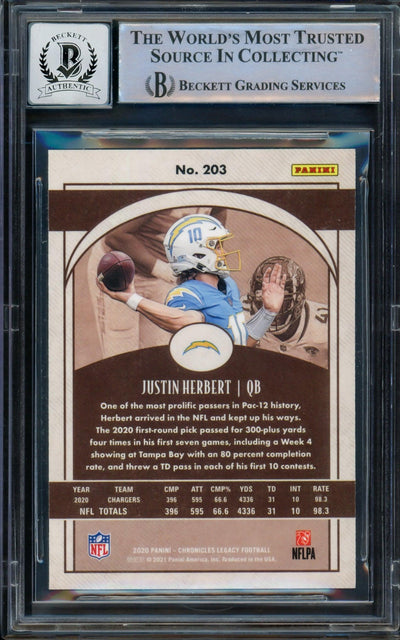 Justin Herbert Autographed 2020 Panini Legacy Rookie Card #203 Los Angeles Chargers Auto Grade Gem Mint 10 Beckett BAS #14243350