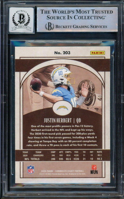 Justin Herbert Autographed 2020 Panini Legacy Rookie Card #203 Los Angeles Chargers Auto Grade Gem Mint 10 Beckett BAS #14243350