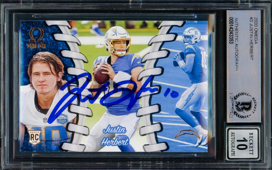 Justin Herbert Autographed 2020 Panini Chronicles Omega Rookie Card #O-3 Los Angeles Chargers Auto Grade Gem Mint 10 Beckett BAS #14243353