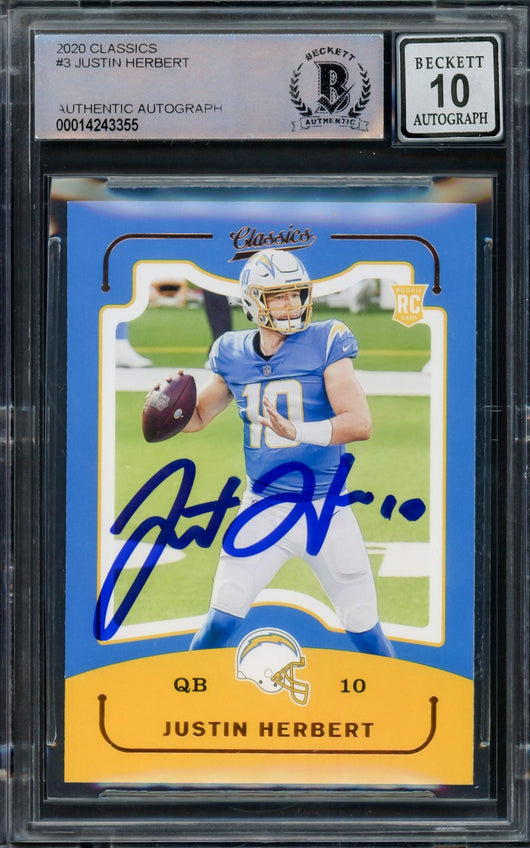 Justin Herbert Autographed 2020 Panini Classics Rookie Card #CL-3 Los Angeles Chargers Auto Grade Gem Mint 10 Beckett BAS #14243355