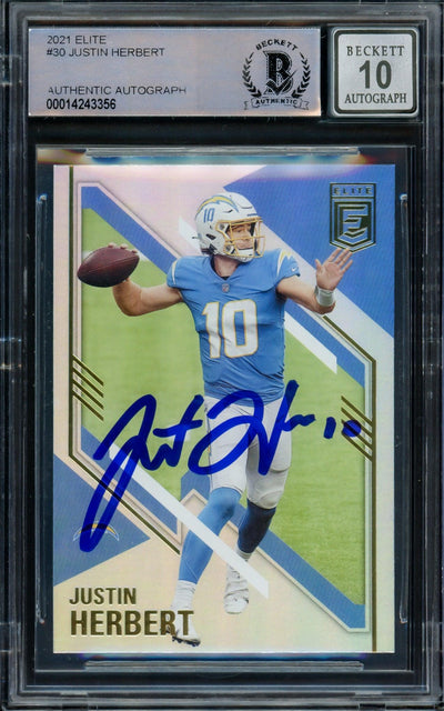 Justin Herbert Autographed 2021 Panini Donruss Elite Refractor Card #30 Los Angeles Chargers Auto Grade Gem Mint 10 Beckett BAS #14243356