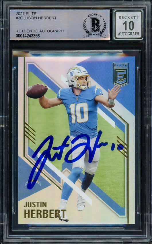 Justin Herbert Autographed 2021 Panini Donruss Elite Refractor Card #30 Los Angeles Chargers Auto Grade Gem Mint 10 Beckett BAS #14243356