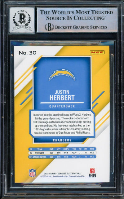 Justin Herbert Autographed 2021 Panini Donruss Elite Refractor Card #30 Los Angeles Chargers Auto Grade Gem Mint 10 Beckett BAS #14243356