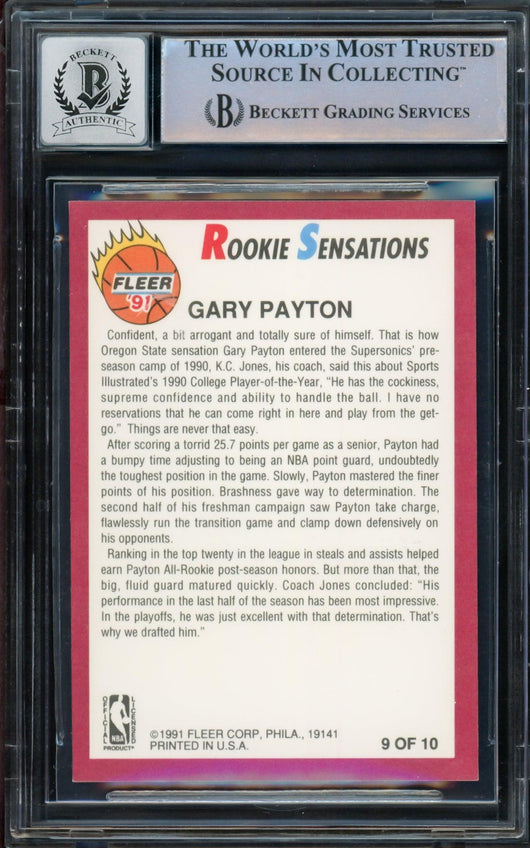 Gary Payton Autographed 1991-92 Fleer Rookie Sensations Rookie Card #9 Seattle Supersonics Auto Grade Gem Mint 10 Beckett BAS #14392378