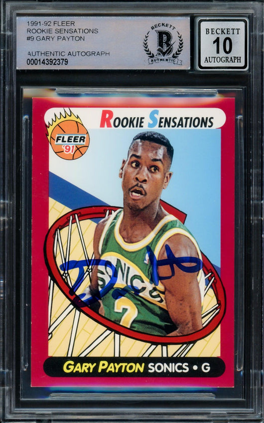 Gary Payton Autographed 1991-92 Fleer Rookie Sensations Rookie Card #9 Seattle Supersonics Auto Grade Gem Mint 10 Beckett BAS #14392379
