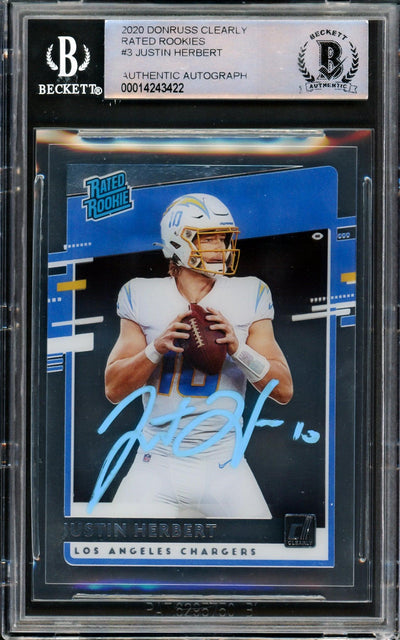 Justin Herbert Autographed 2020 Donruss Clearly Rated Rookie Card #RR-JH Los Angeles Chargers Beckett BAS #14243422