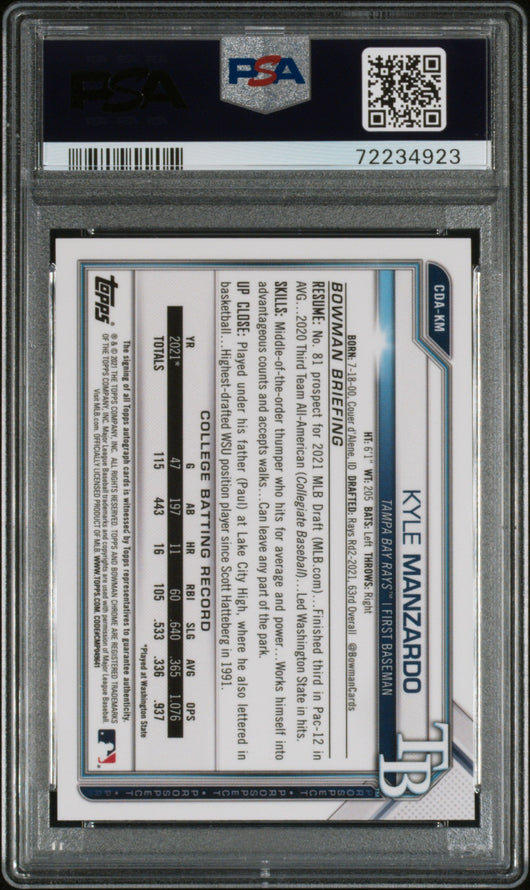 2021 Bowman Draft Chrome Autograph Blue Refractor Kyle Manzardo #CDAKM /150 PSA 10