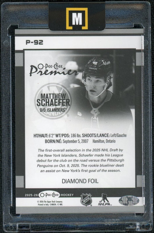 2025-26 O-Pee-Chee Premier P-92 Matthew Schaefer Diamond Foil /75