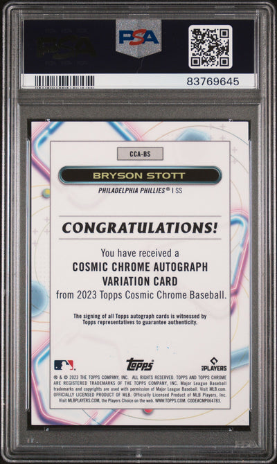 2023 Topps Cosmic Chrome Autograph Black Eclipse Refractor Bryson Stott #CCABS /10 PSA 10