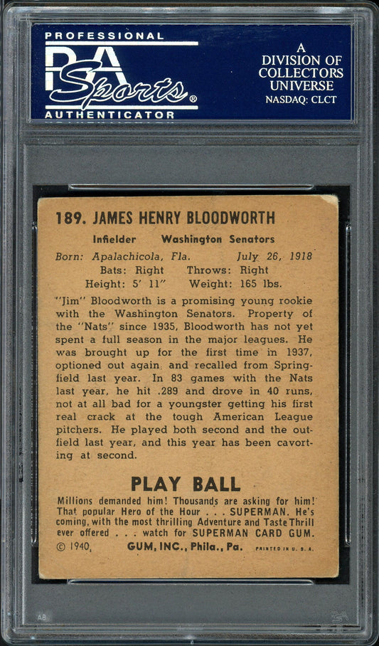 Jimmy Bloodworth Autographed 1940 Play Ball Rookie Card #189 Washington Senators PSA/DNA #83986443