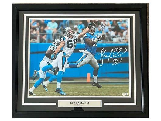 Luke Kuechly Signed Light Up Framed Football 16x20 Photo (Beckett)