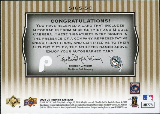 2008 Upper Deck Premier Mike Schmidt & Miguel Cabrera Significant Stars Auto 1/1