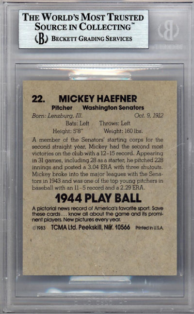 Mickey Haefner Autographed 1983 1944 Play Ball Reprint Card #22 Washington Senators Beckett BAS #9888047