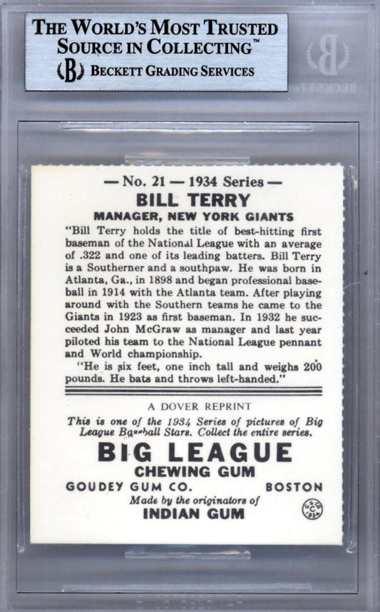 Bill Terry Autographed 1984 1934 Goudey Reprint Card #21 New York Giants Beckett BAS #9888091