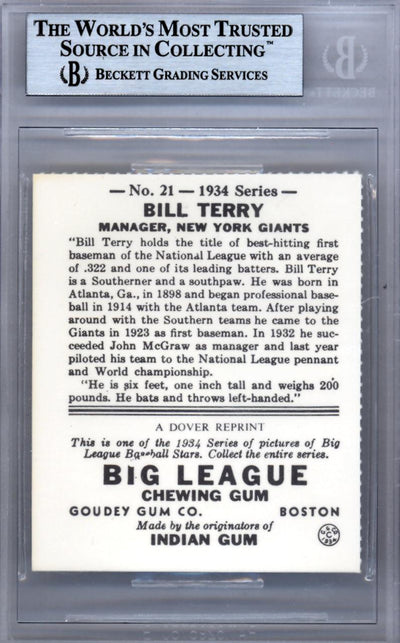 Bill Terry Autographed 1984 1934 Goudey Reprint Card #21 New York Giants Beckett BAS #9888091