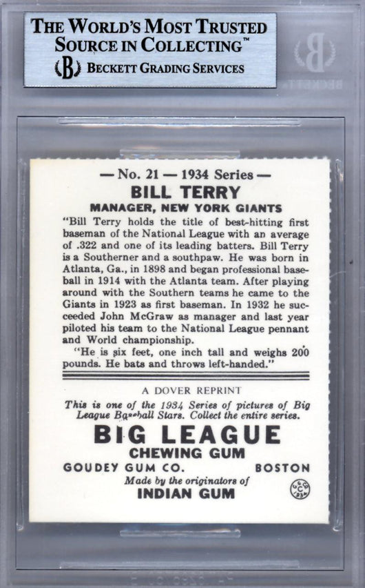 Bill Terry Autographed 1984 1934 Goudey Reprint Card #21 New York Giants Beckett BAS #9888091