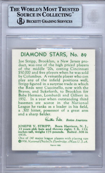 Joe Stripp Autographed 1985 1936 Diamond Stars Reprint Card #89 Beckett BAS #9888093