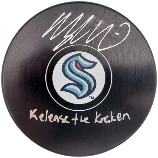 Morgan Geekie Autographed Official Seattle Kraken Logo Hockey Puck "Release The Kraken" Fanatics Holo Stock #197087