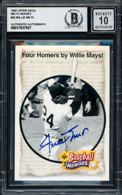 Willie Mays Autographed 1992 Upper Deck Heroes Card #49 San Francisco Giants Auto Grade Gem Mint 10 #345/660 Beckett BAS #17037827