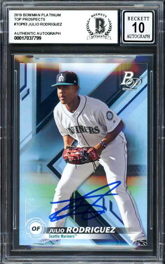 Julio Rodriguez Autographed 2019 Bowman Platinum Rookie Card #TOP63 Seattle Mariners Auto Grade Gem Mint 10 Beckett BAS #17037799